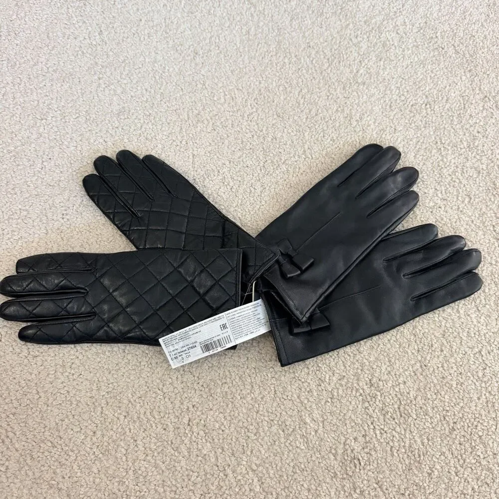MoDA & Mango Women Black Leather Gloves 2 Pair Lot S S/M NWT Quilted Bow Luxury
